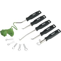Sealey 6 Piece Windscreen Installation Tool Kit with black handles, metal hooks, and green cord.