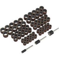 Sealey 63 piece sanding bands set with various sized brown abrasive rings and two metal mandrels for rotary tools.
