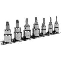 Sealey 7 Piece Torx Socket Bit Set with chrome finish, mounted on a metal rail, includes 1/4" and 3/8" drive sizes.