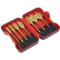Red case with 7 gold flat wood drill bits, 1/4" hex shank, organized in slots, by Sealey.