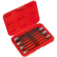 Red case with 7-piece Sealey extra long reach hexagon socket bit set, featuring silver sockets and black shafts.