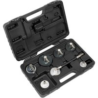 Black Sealey 7 Piece Brake and Clutch Pressure Bleeder Cap Set in a molded carrying case with various cap sizes.