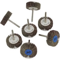 Sealey 7 Piece Flap Wheel Set with abrasive flaps and metal shanks for rotary multi tools.