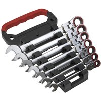 Sealey 7 piece flexi head ratchet spanner set with silver wrenches and red-black handle holder.