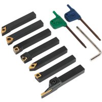 Sealey 7 Piece Indexable 8mm Turning Tool Set with black handles, gold tips, two hex keys, and two adjustment wrenches.