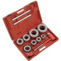 Red Sealey 7 Piece Pipe Threading Kit with various sized silver dies and handles in a molded carrying case.
