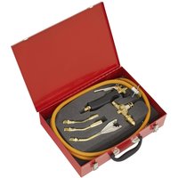 Red Sealey 7 Piece Propane Torch Kit with brass nozzles, black handle, and yellow hose in a foam-lined case