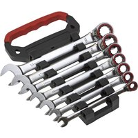 Sealey 7-piece spanner set with silver ratchet heads, black handles, and red accents in a black plastic holder.