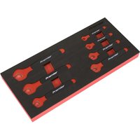Sealey 7 piece VDE insulated open end spanner set in black and red module tray with visible brand logo.
