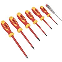 Red and yellow Sealey 7 Piece VDE Screwdriver Set with insulated handles and various flathead and Phillips tips.