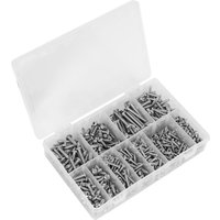 Sealey 700 piece stainless steel self-tapping screw set in a clear plastic organizer with multiple compartments.