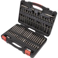 Black Sealey 74 piece socket bit set in a hard case with red clasps, featuring Torx, Hex, Ribe, and Spline bits.
