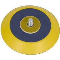 Sealey 75mm yellow backing pad with black center and 1/4" UNC male thread for hook and loop attachments.