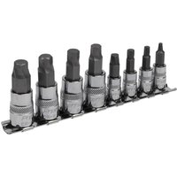 Sealey 8 piece hexagon socket bit set, silver with black tips, mounted on a metal rail, includes 1/4" and 3/8" drives.