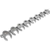 Sealey 8 piece 3/8" drive crow foot spanner set, silver, mounted on a metal rail, varying sizes, open-end design.