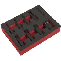 Sealey 8-piece spline socket bit set in red foam tray, featuring black 3/8" drive impact sockets neatly arranged.