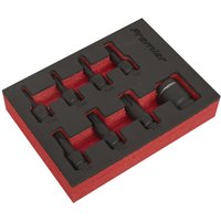Sealey 8 Piece 3/8" Drive Impact Torx Socket Bit Set in black foam tray with red base, featuring various Torx sizes.
