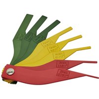 Sealey 8 Piece Brake Pad Thickness Gauge Set with green, yellow, and red blades, marked with metric and imperial sizes.