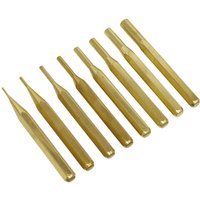 Sealey 8 Piece Brass Pin Punch Set with varying sizes, gold finish, cylindrical handles, and tapered tips.