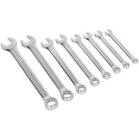 Sealey 8 Piece Combination Spanner Set, polished chrome finish, includes various sizes with open and ring ends.