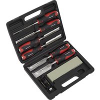 Sealey 8 Piece Hammer Thru Wood Chisel Set with red and black handles in a black carrying case.
