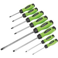 Sealey 8 Piece Hi Vis screwdriver set with green and black handles, featuring hammer-through design and various sizes.