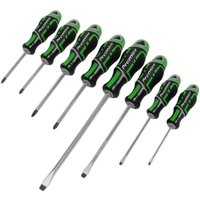 Sealey 8-piece screwdriver set with black and green hi-vis handles, featuring various flathead and Phillips tips.
