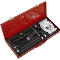 Red Sealey 8 Piece Hydraulic Bearing Separator/Puller Set with silver components in a red carrying case.