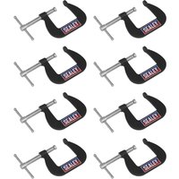 Black and silver Sealey 8 Piece Junior G Clamp Set with red and blue logo on each clamp.