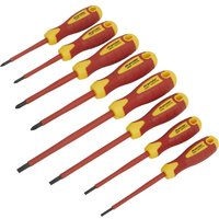 Sealey 8 Piece Magnetic VDE Insulated Screwdriver Set with red and yellow handles and various flat and Phillips tips.