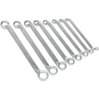 Sealey 8 Piece Offset Double Ring Spanner Set, silver, varying sizes, with angled ends for better access.