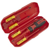 Red and black Sealey VDE insulated screwdriver set with interchangeable blades in a red case.