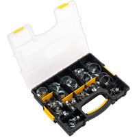 Sealey 85 Piece Hose Clip Assortment in black plastic case with transparent lid and yellow clasps.