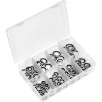Clear plastic box with assorted black and silver bonded seals in various sizes, organized in compartments.