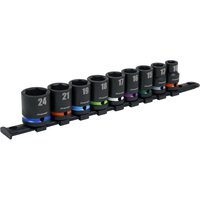 Sealey 9 Piece 1/2" Drive Hexagon Impact Socket Set, black with color-coded bands, arranged on a black rail.