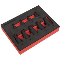 Black and red Sealey 9 Piece Low Profile Impact Hex Socket Bit Set in foam tray, featuring various socket sizes.