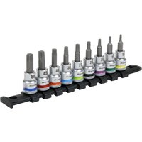 Sealey 9 Piece Colour Coded 3/8" Drive Torx Socket Bit Set with silver sockets on a black rail, each with colored bands.