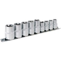 Sealey 9 Piece Torx Socket Set, silver chrome finish, arranged on a metal rail, varying sizes from small to large.