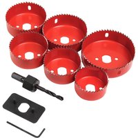 "Red Sealey 9 Piece Downlight Installation Hole Saw Kit with various saw sizes, drill bit, black adapter, and hex key"