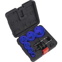 Sealey 9 Piece Electricians Hole Saw Kit with blue saws and black case, includes arbor and pilot drill bit.