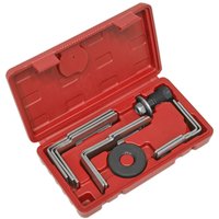 Red Sealey 9 Piece Fuel Tank Sender Spanner Set in a molded case with various metal spanners and a circular tool.