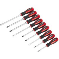 Red and black Sealey 9 piece hammer through screwdriver set with chrome shafts and ergonomic handles.