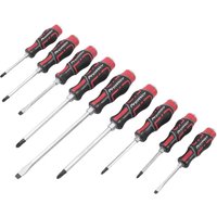 Sealey 9 Piece Hammer Thru Screwdriver Set with red and black ergonomic handles and chrome-plated shafts.