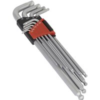 Sealey 9 piece lock on ball end hex key set, silver with red and black holder, L-shaped design, imperial sizes.