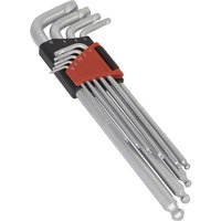 Sealey 9 Piece Lock On Ball End Hex Key Set with silver L-shaped keys and red-black holder.