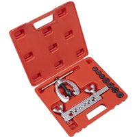 Red Sealey 9 Piece Pipe Flaring Tool Kit with silver flaring tool and black dies in a molded carrying case