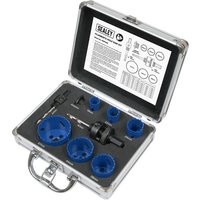 Sealey 9 Piece Plumbers Hole Saw Kit with blue saws, black arbor, in a silver carrying case with instructions.