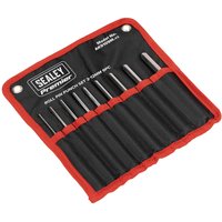 Sealey 9 Piece Roll Pin Punch Set in black and red fabric pouch with metal grommets and visible Sealey branding.