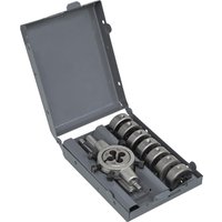 Gray Sealey 9 Piece Split Die Set in open metal case, includes round dies and die holder.
