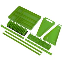 Sealey 9 Piece Tool Storage Organizer Set in bright green, includes trays, racks, and holders for tools.